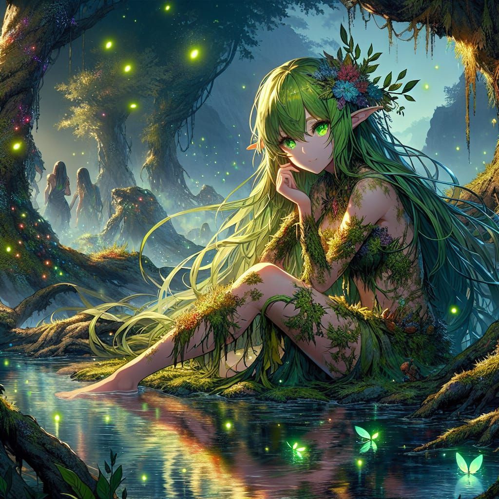 Anime Dryad Lounging by Misty Lakeside