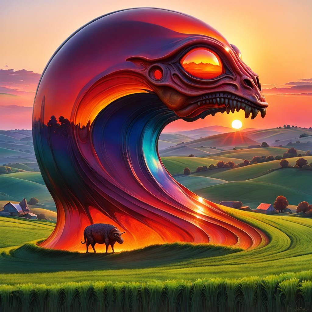 Alien Sunrise Over Farmland in Mannerist Gouache