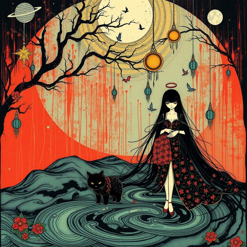 Enigmatic Selkie Goddess and Her Feline Companion in Verdigr...