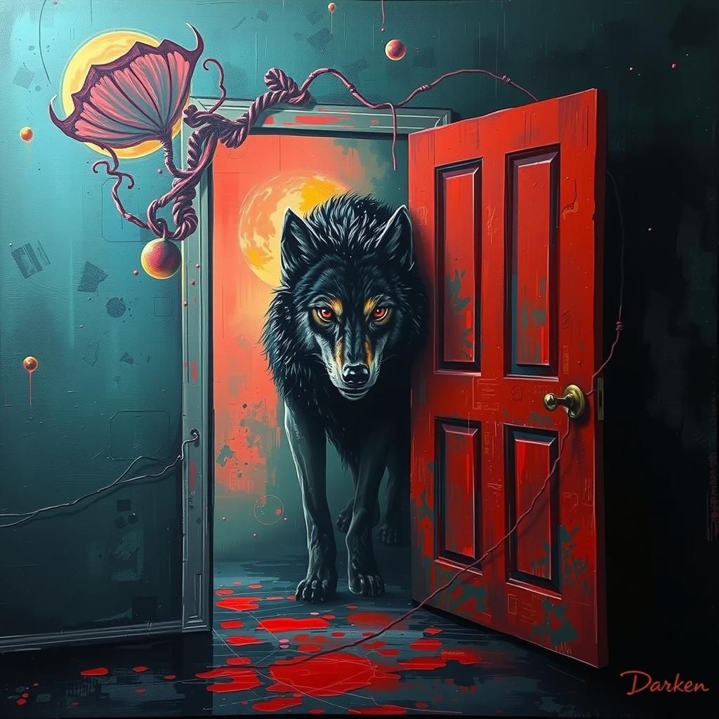 Sinister Wolf Emerges: Surreal Dark Tones in Mixed Media