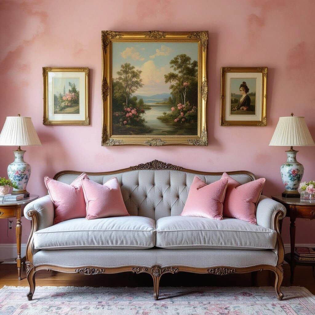 Romantic Interior with Pink Wall and Floral Pictures