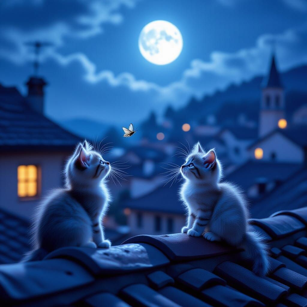 Photorealistic Kittens on Rooftops Under Ethereal Moonlight