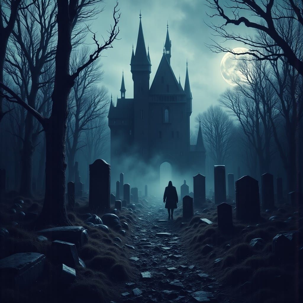 Surreal Castle Scene Under Moonlight with Ghostly Figure