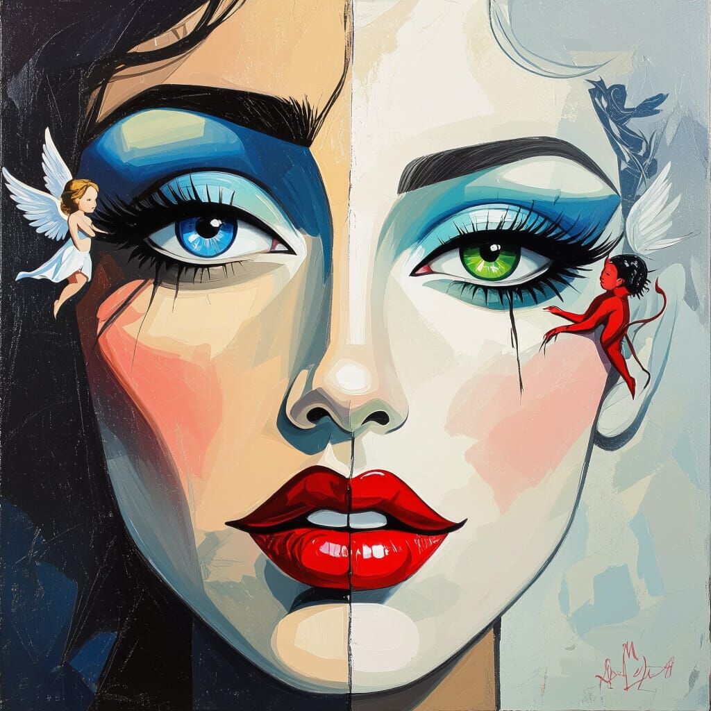 Surreal Heterochromatic Portrait with Angel and Devil