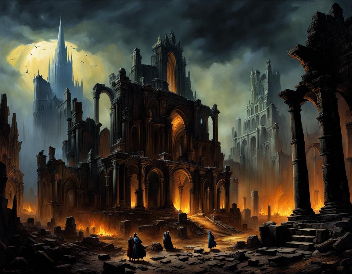Dark Fantasy Ruins in Oil Painting Style
