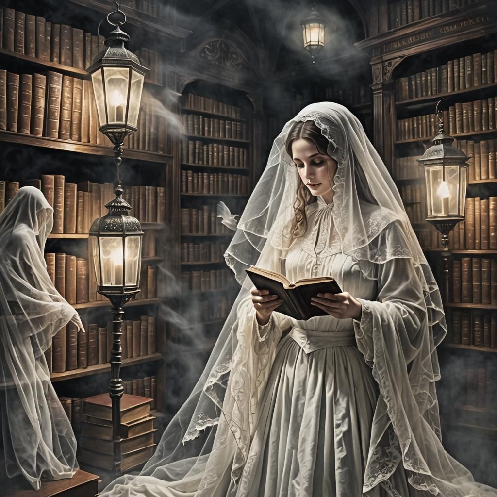 Haunted Library with Ghostly Lady