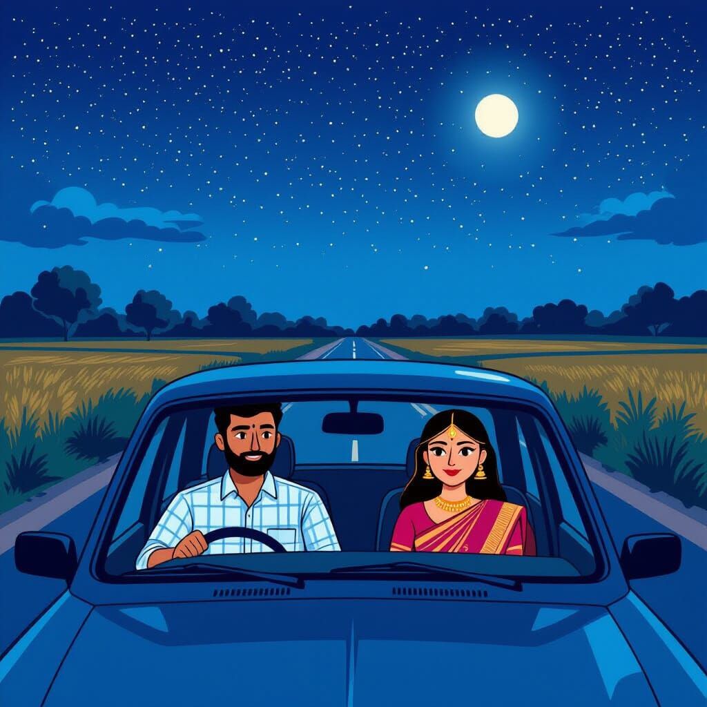 Indian Couple in Car at Night, Cartoon Style