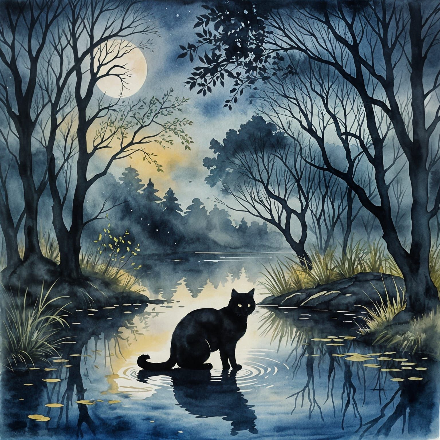 Watercolor Cat Silhouette in Midnight Pond