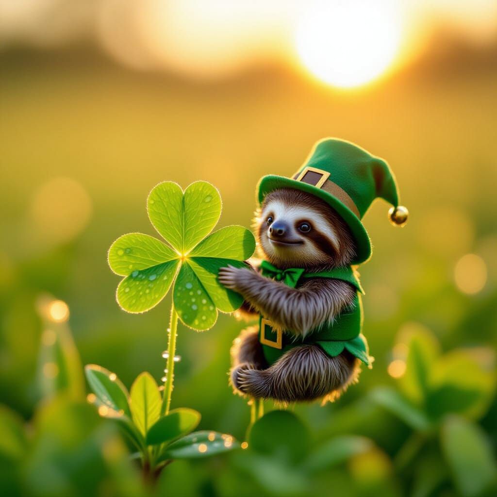 Whimsical Sloth in Leprechaun Costume on Four-Leaf Clover