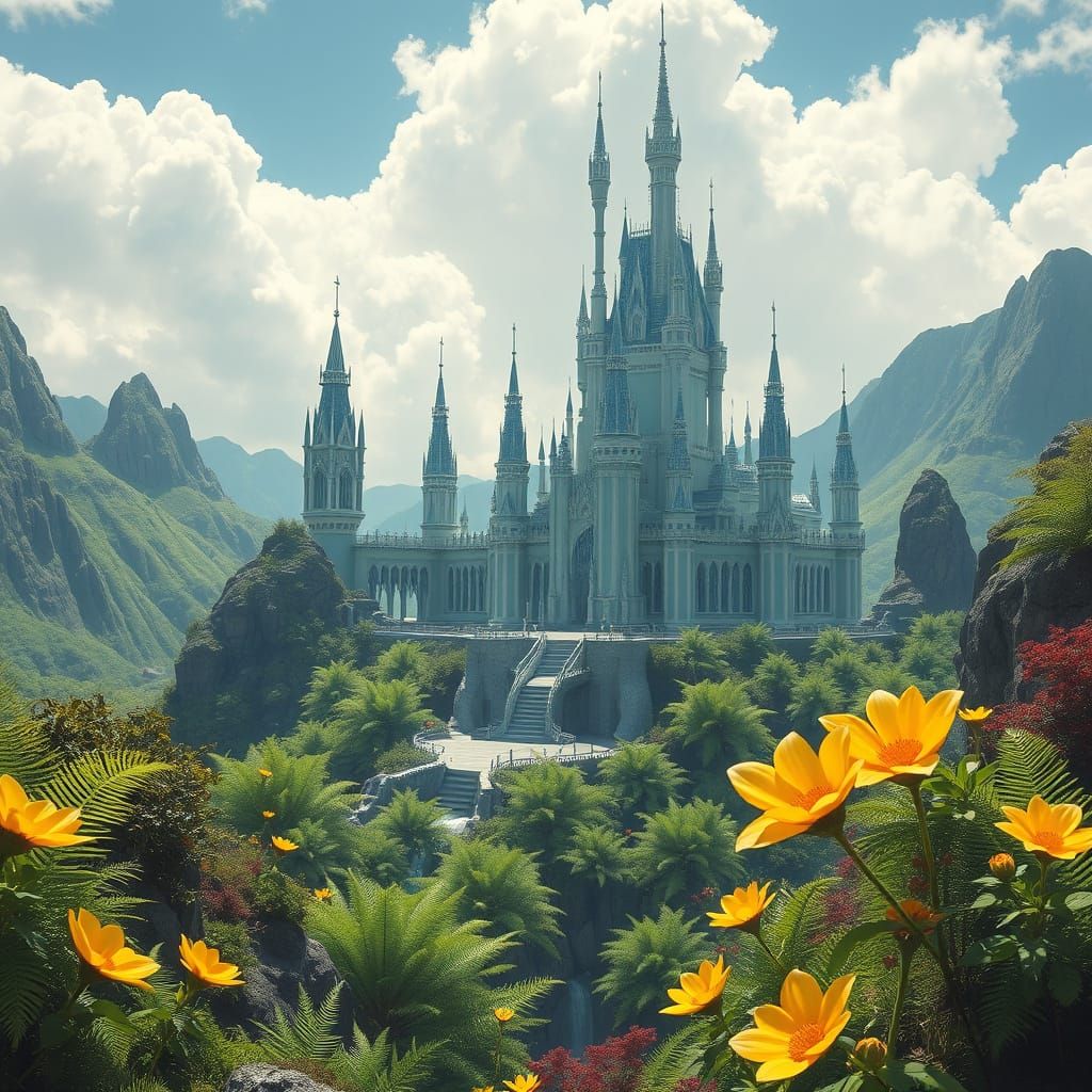 Glass Castle with Neon Flowers in Futuristic Style