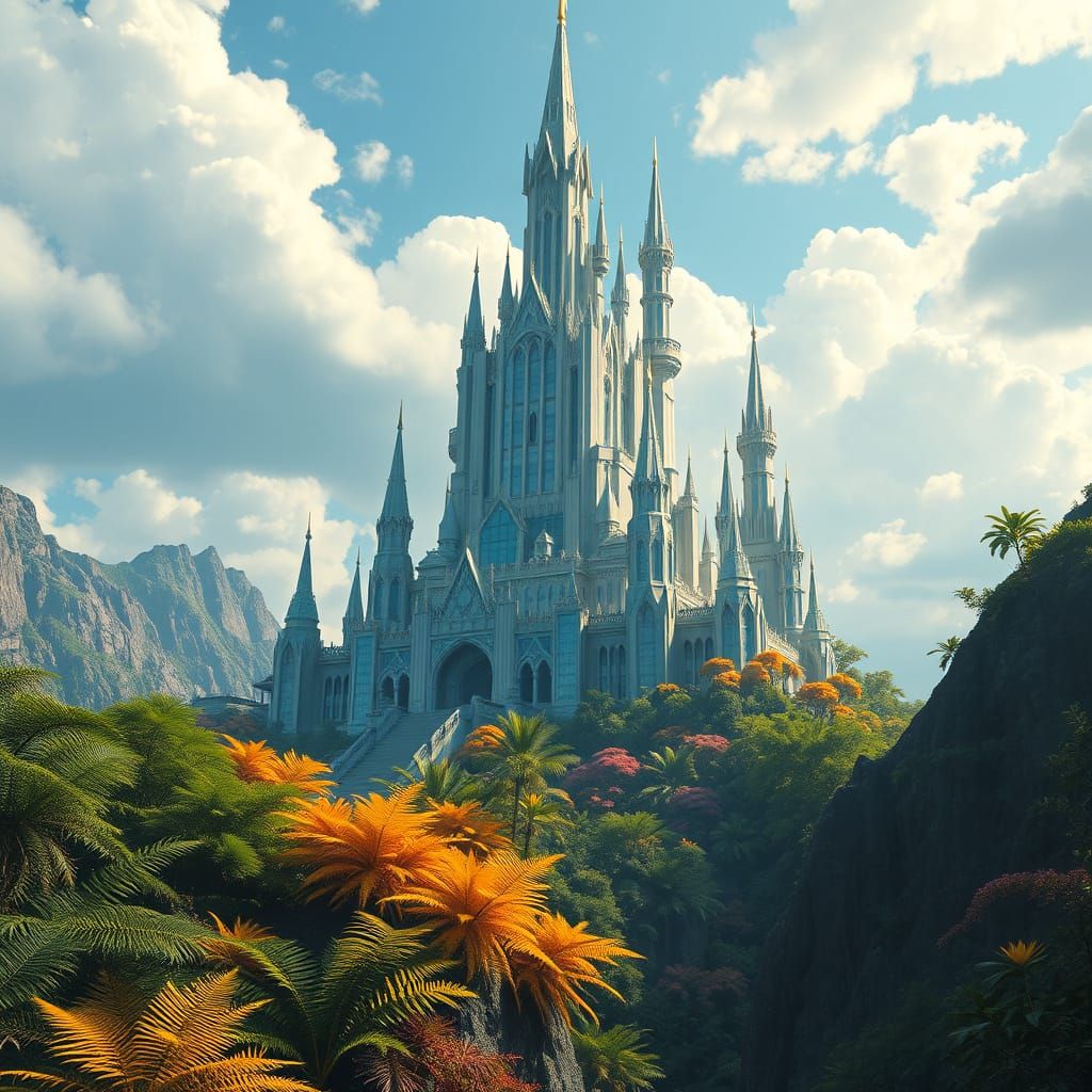 Glass Castle Rises from Volcanic Fern Forest