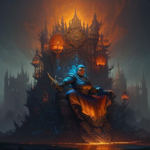 Fantasy Art: Fat Lady and Cat Monk on Throne