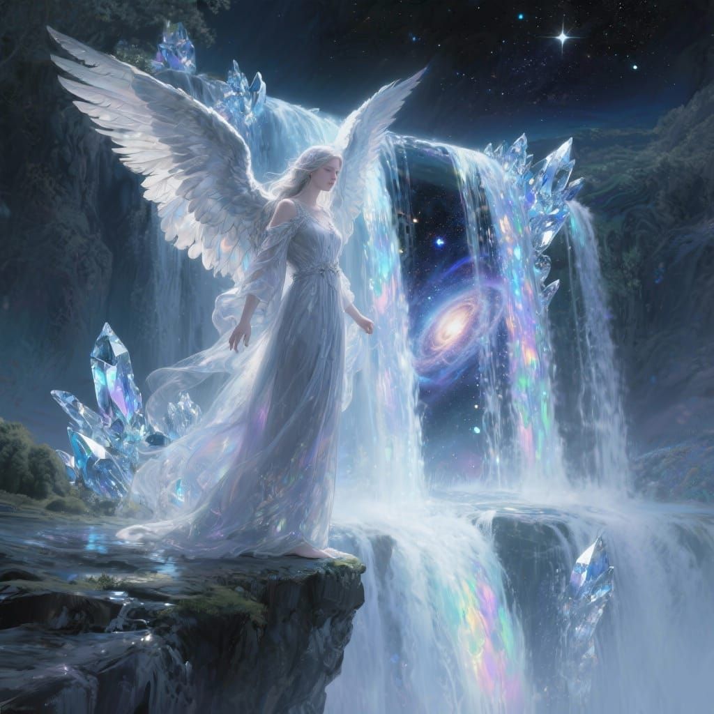 Ethereal Angel at Celestial Waterfall Portal