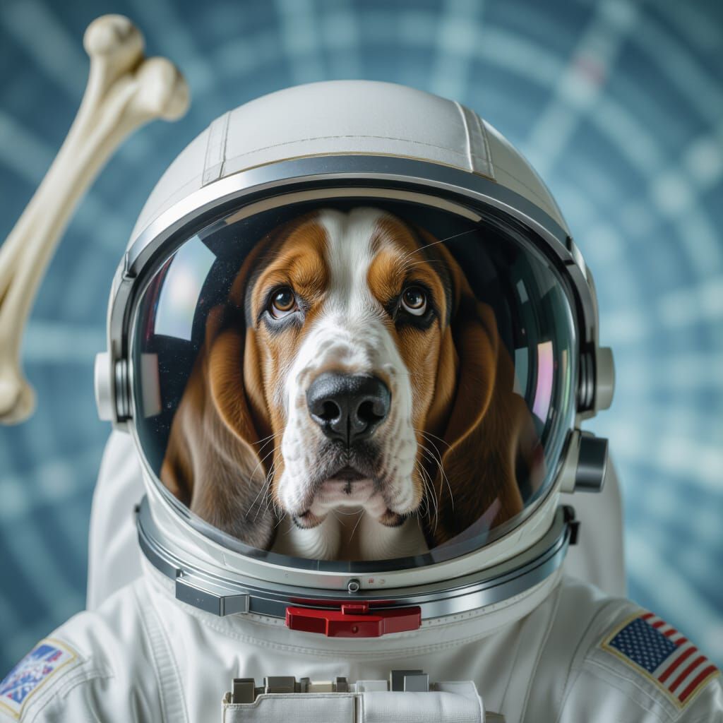 Basset Hound in Astronaut Helmet with Floating Femur