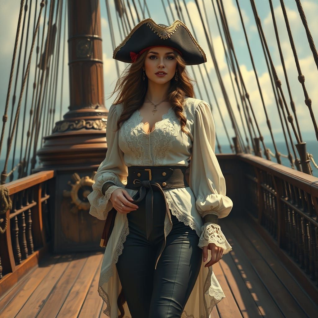Elegant Pirate Woman on Ship Deck