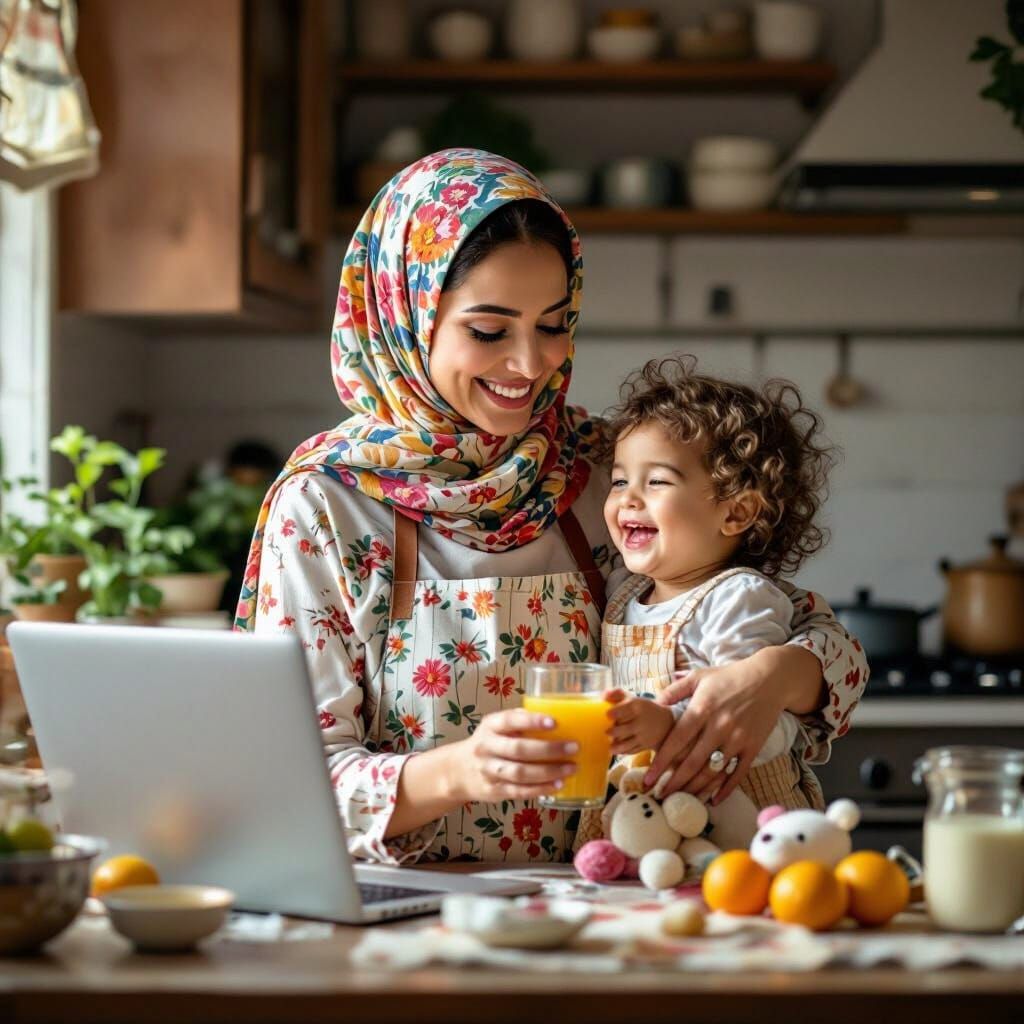 Middle Eastern Mom Embraces Toddler in Cozy Kitchen