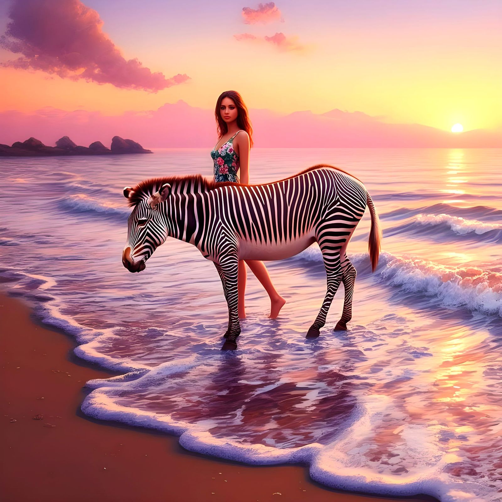 Elegant Girl Walks Beside Black and White Zebra on Serene Be...