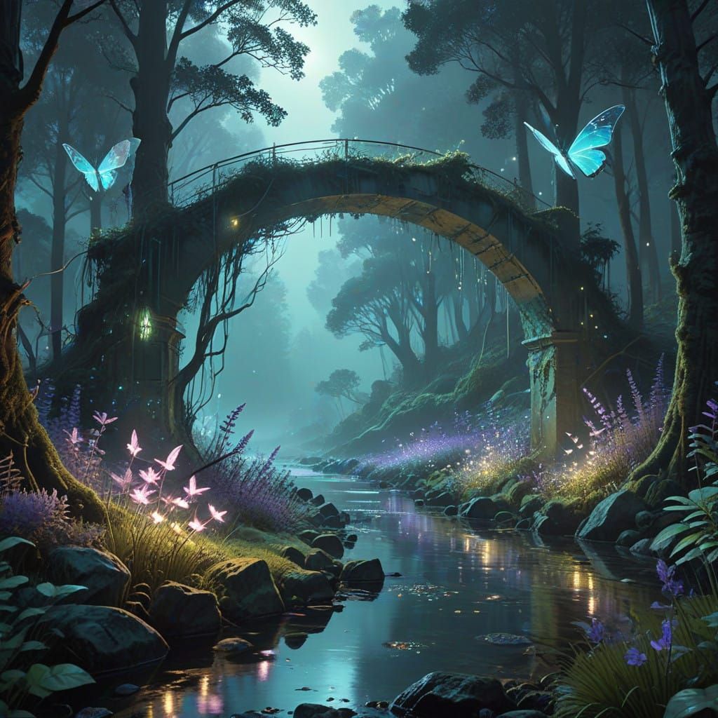 Ethereal Moonlit Forest in Vibrant, Surreal Colors