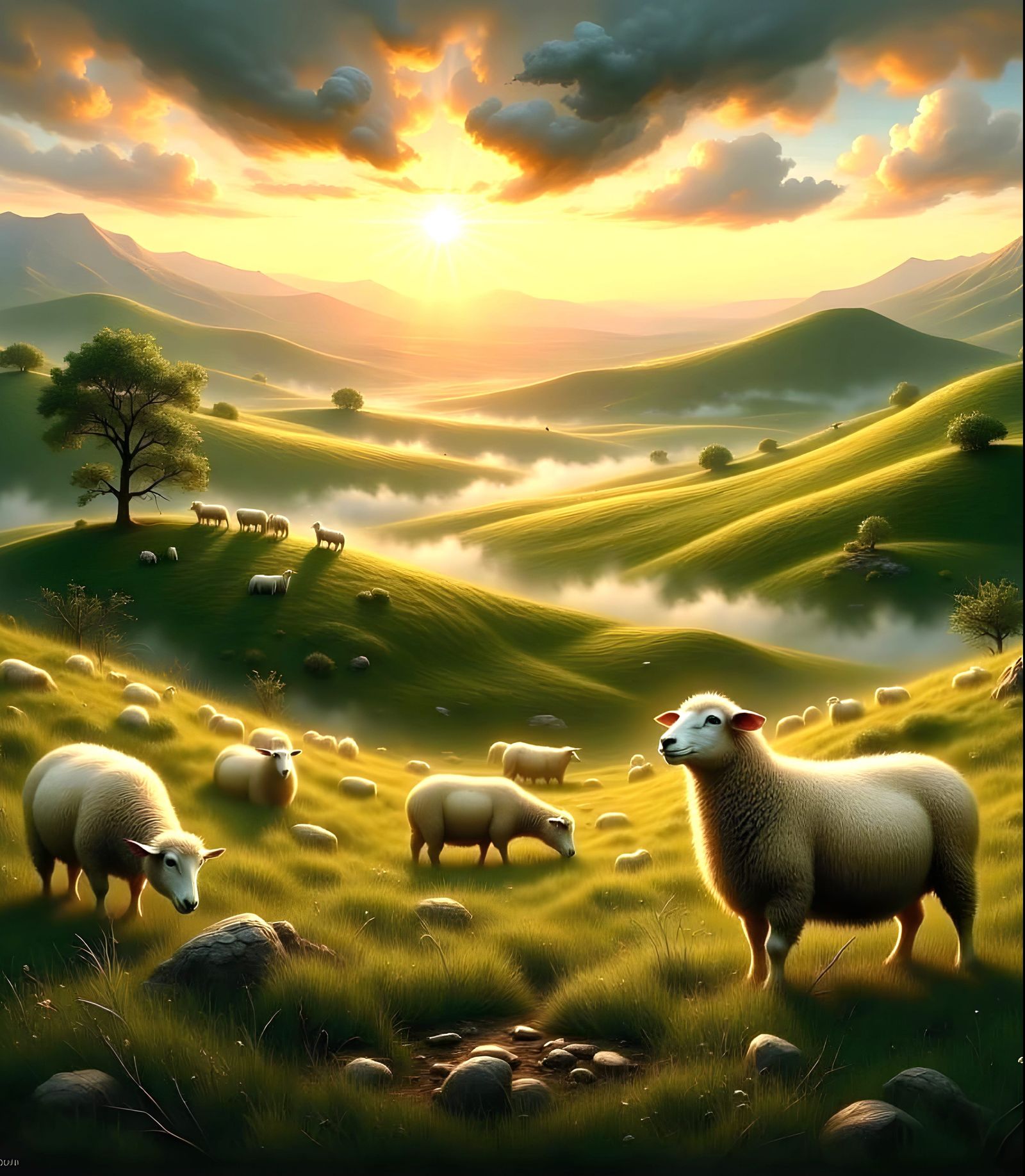 Pastoral Sheep Grazing in Impressionist Style