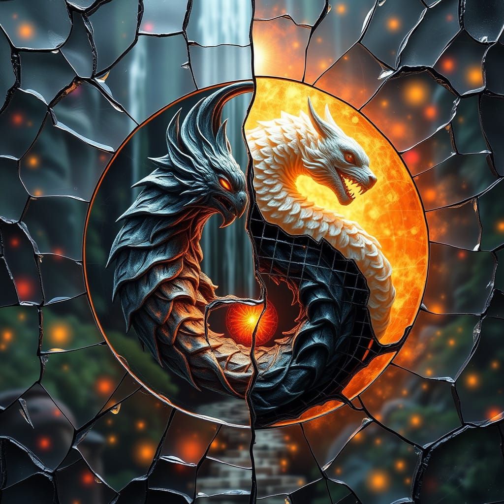 Hyperrealistic Yin Yang Symphony on Broken Glass