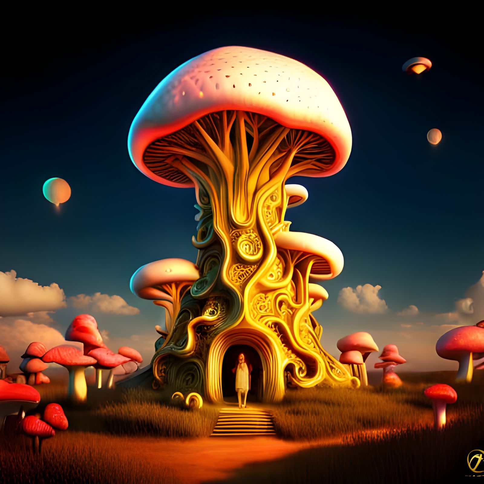 Magical Mushroom Dwellings in Dreamlike Forest