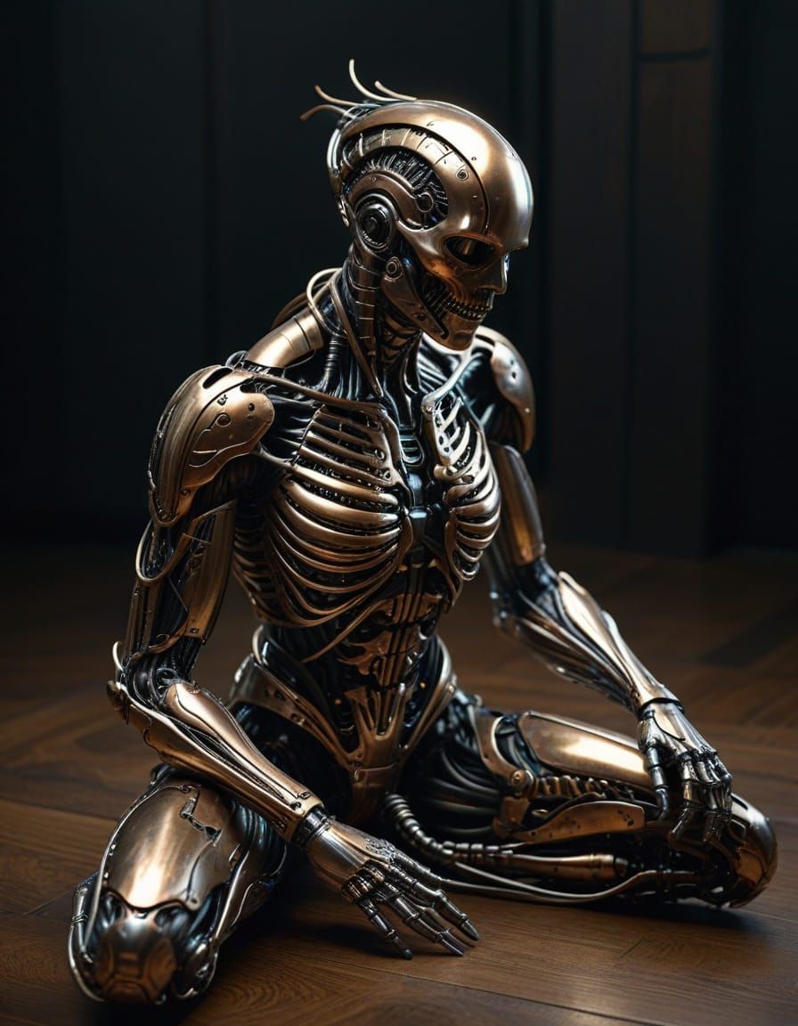 Abstract Metallic Humanoid Sculpture in Biomechanical Style