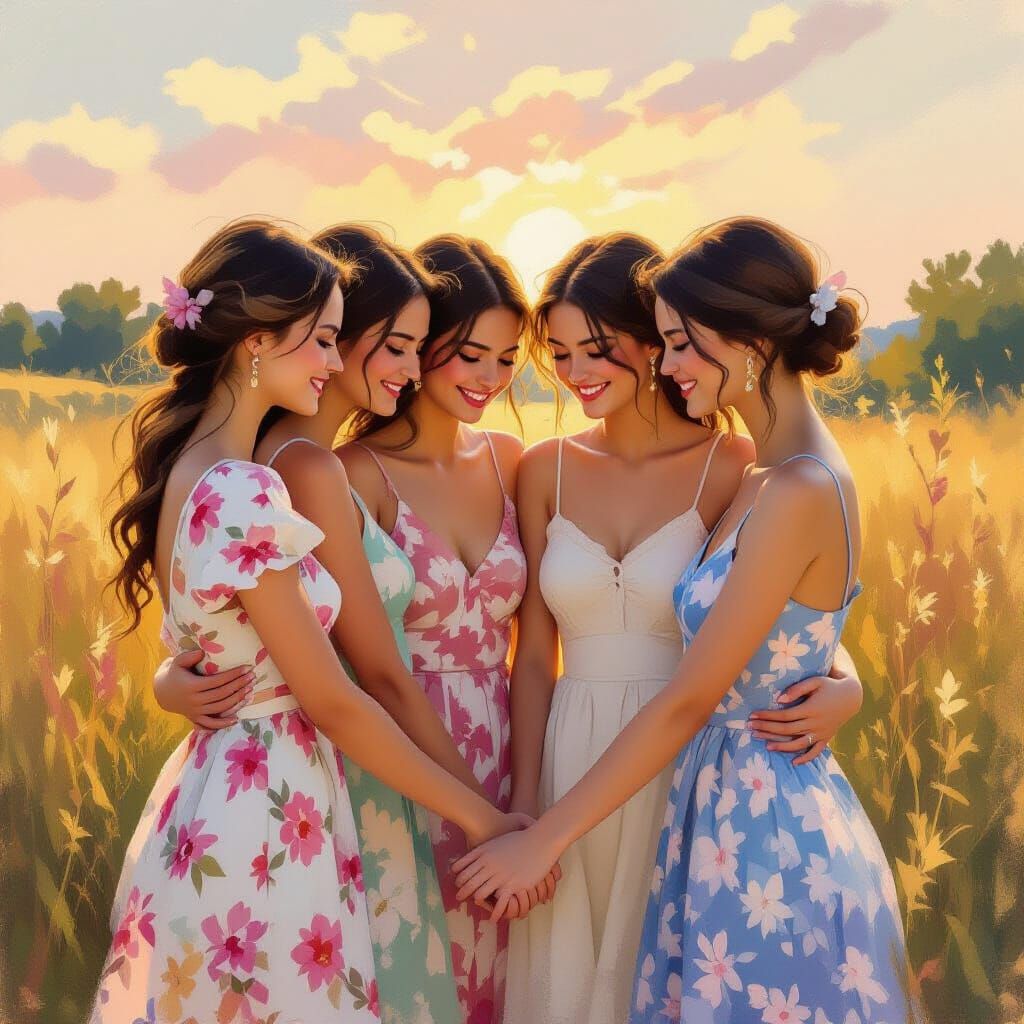 Young Women Embrace in Summer Sunset Light