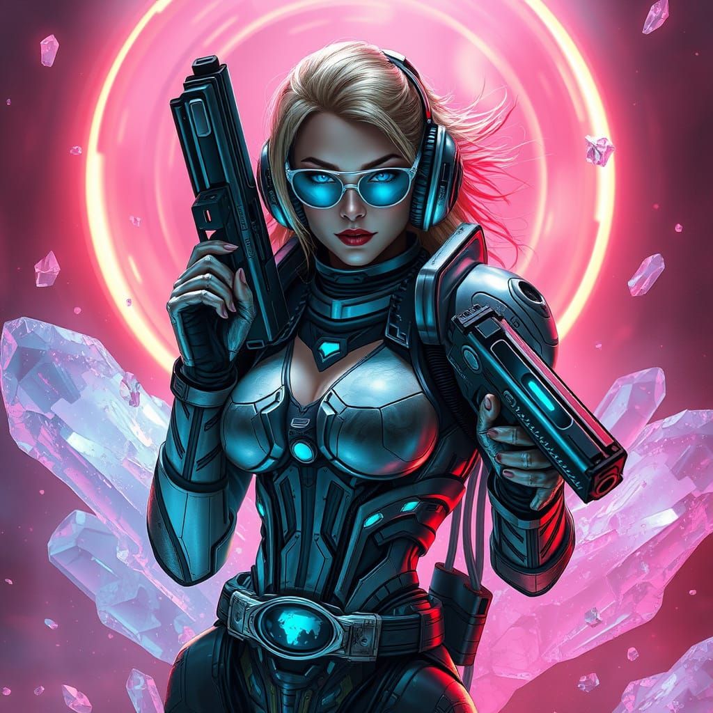 Cyberpunk Woman with Power Pistols in Crystal Swirl