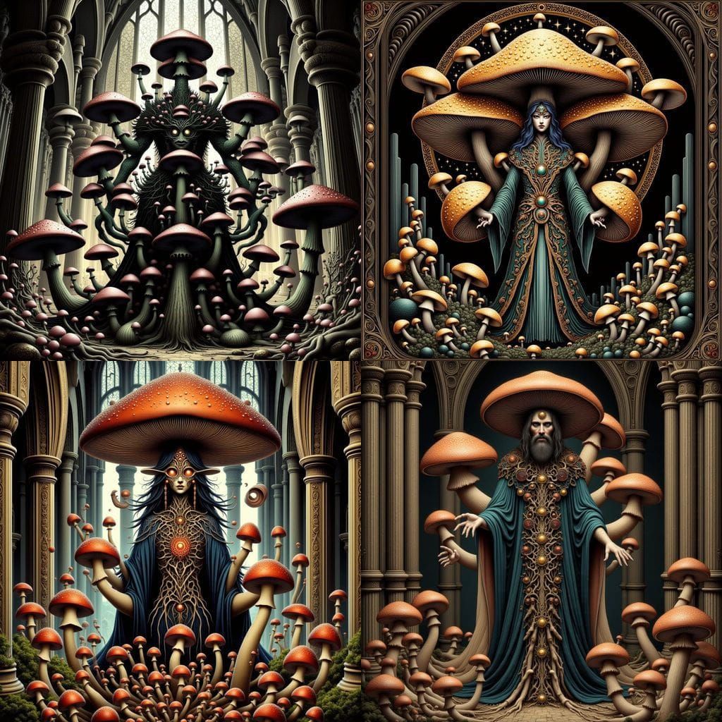 Art Nouveau Fungi Priest in Gothic Cathedral