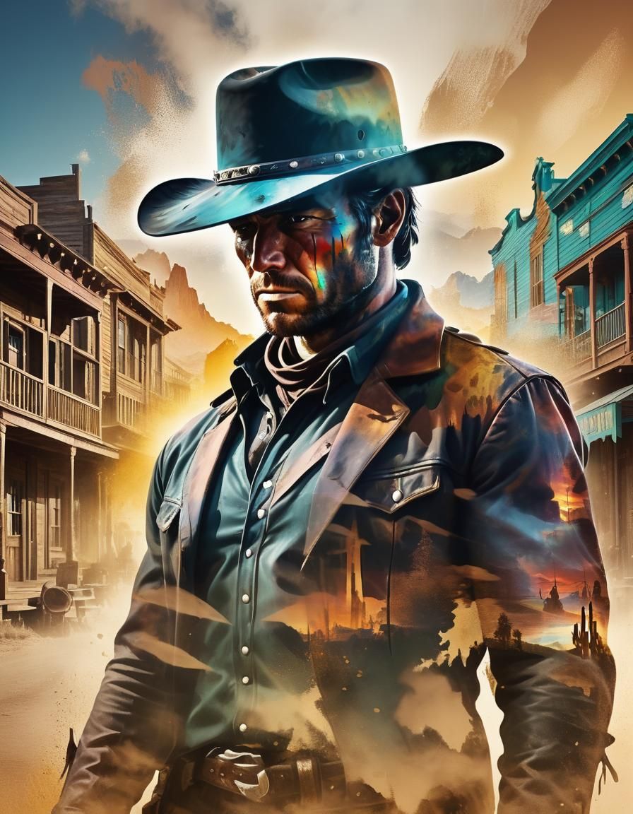 Cowboy Silhouette Double Exposure in Wild West Town