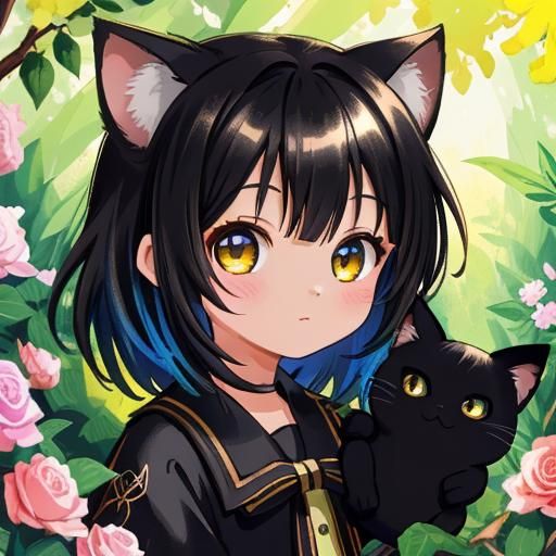 Enchanting Chibi Black Cat in Vibrant Backyard