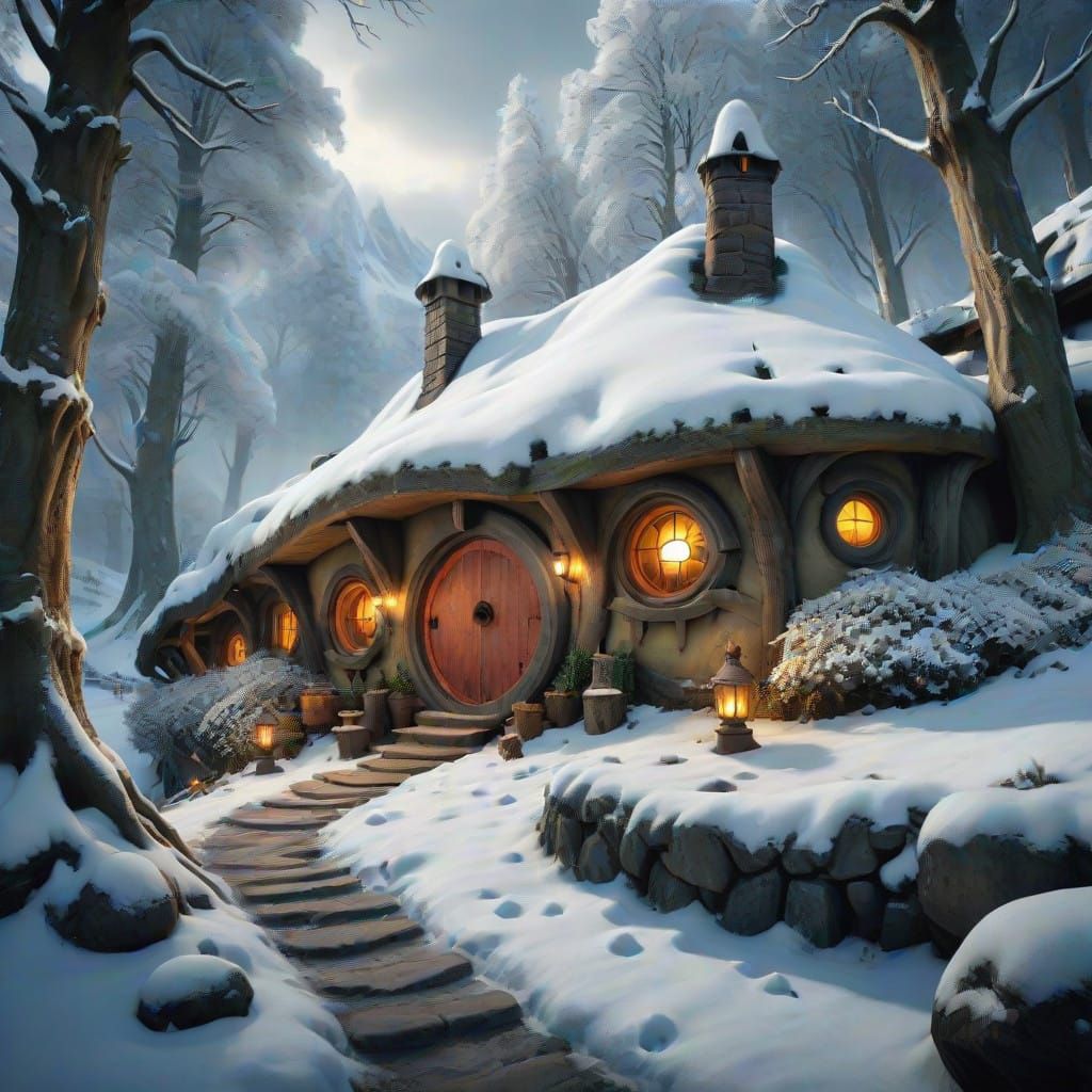 Winter Wonderland Hobbit Abode in Majestic Forest