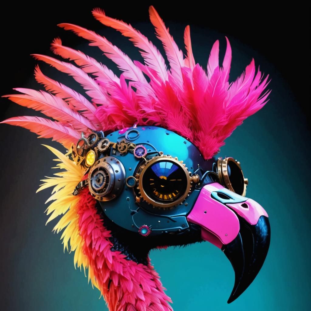 Steampunk Flamingo Head with Gears and Goggles