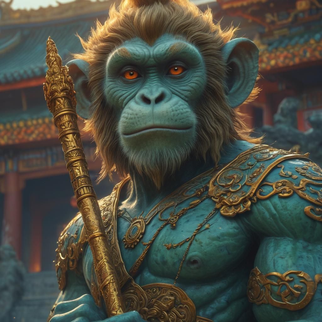 Monkey King Amidst Mythological Temple Concept Art