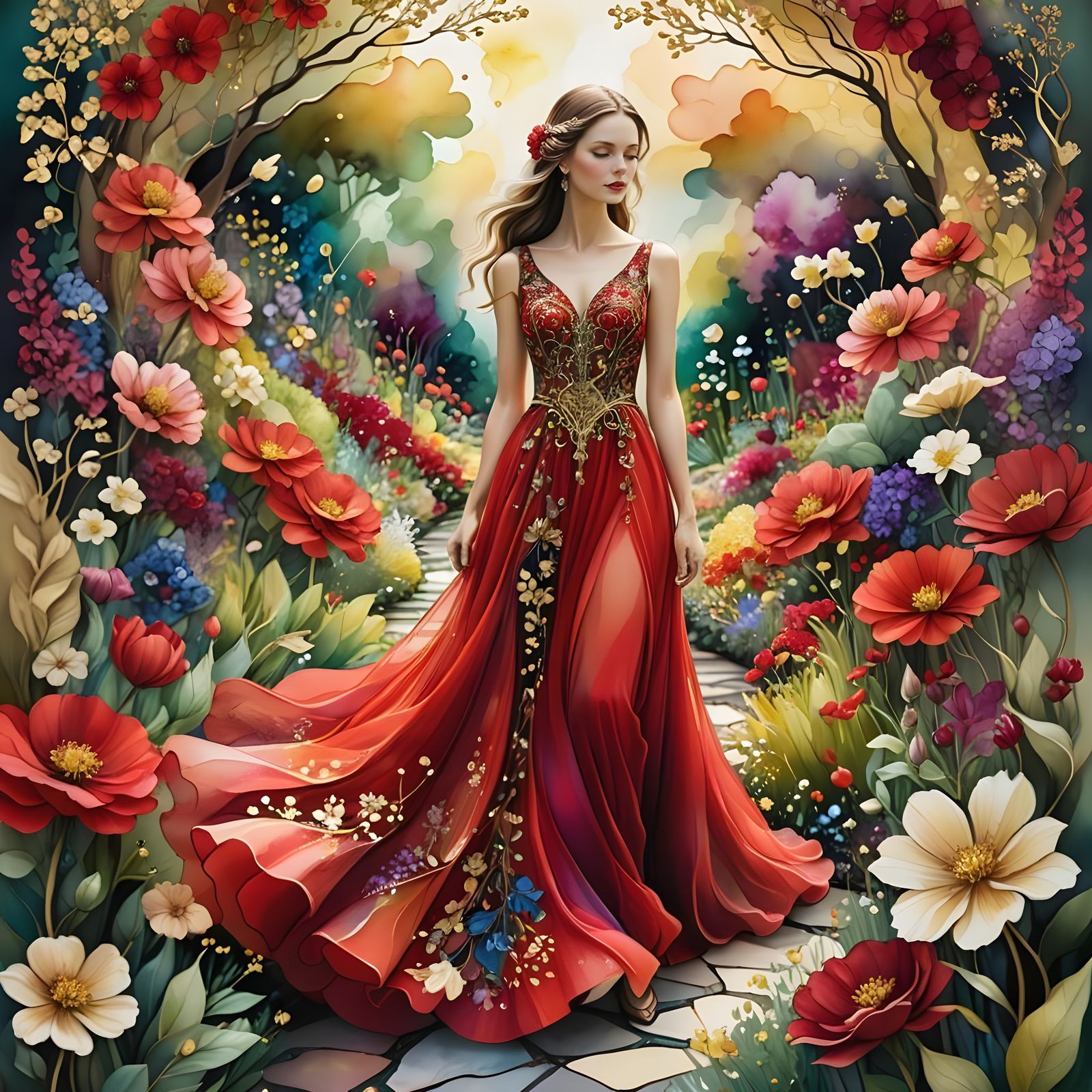 Enchanting Garden Goddess in Radiant Red