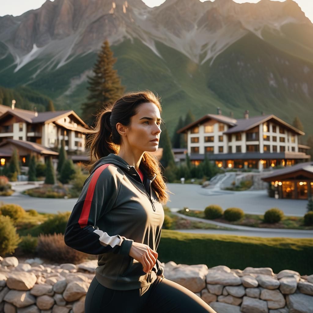 Young Woman Stretching Before Mountain Hotel in Cinematic St...