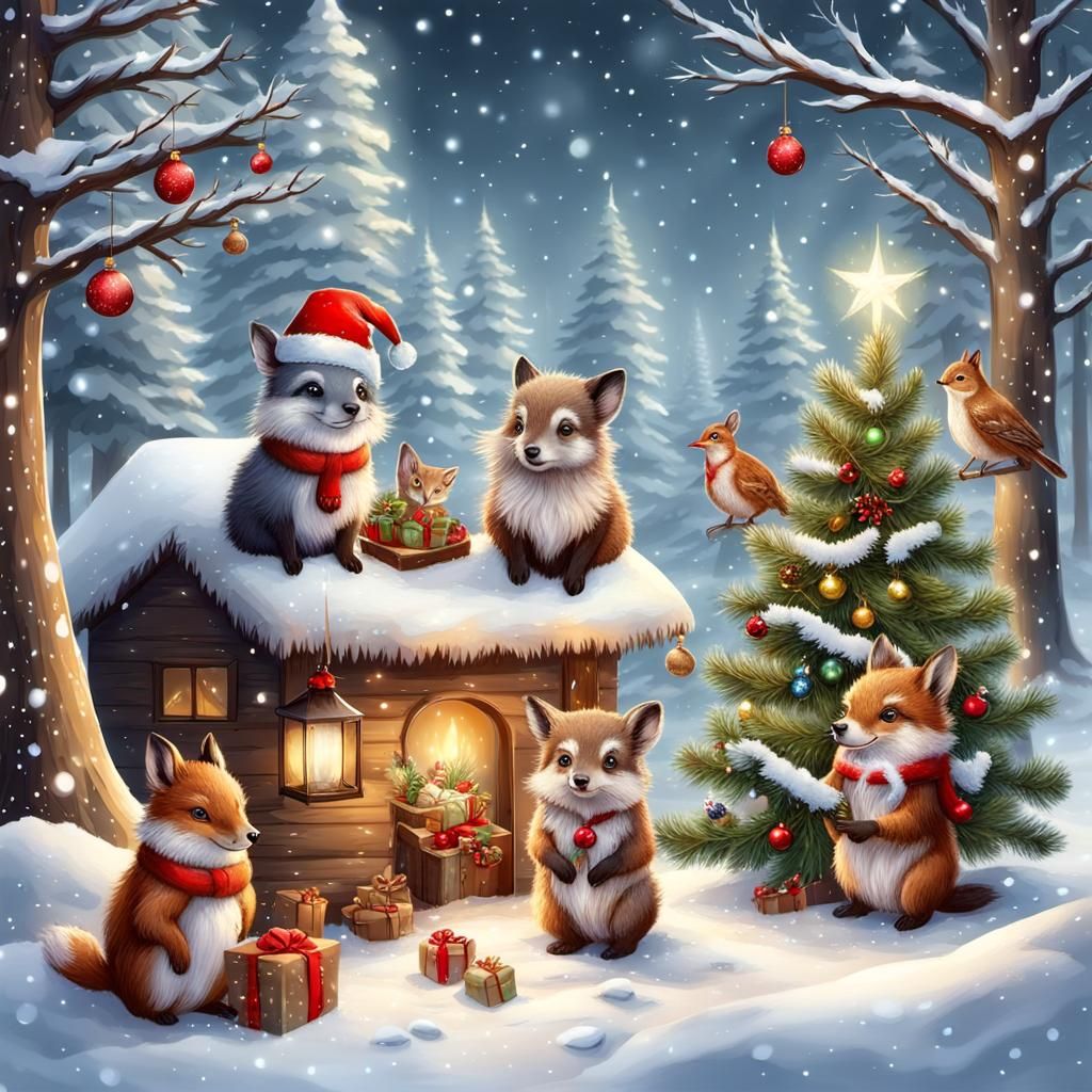 forest animals celebrate christmas