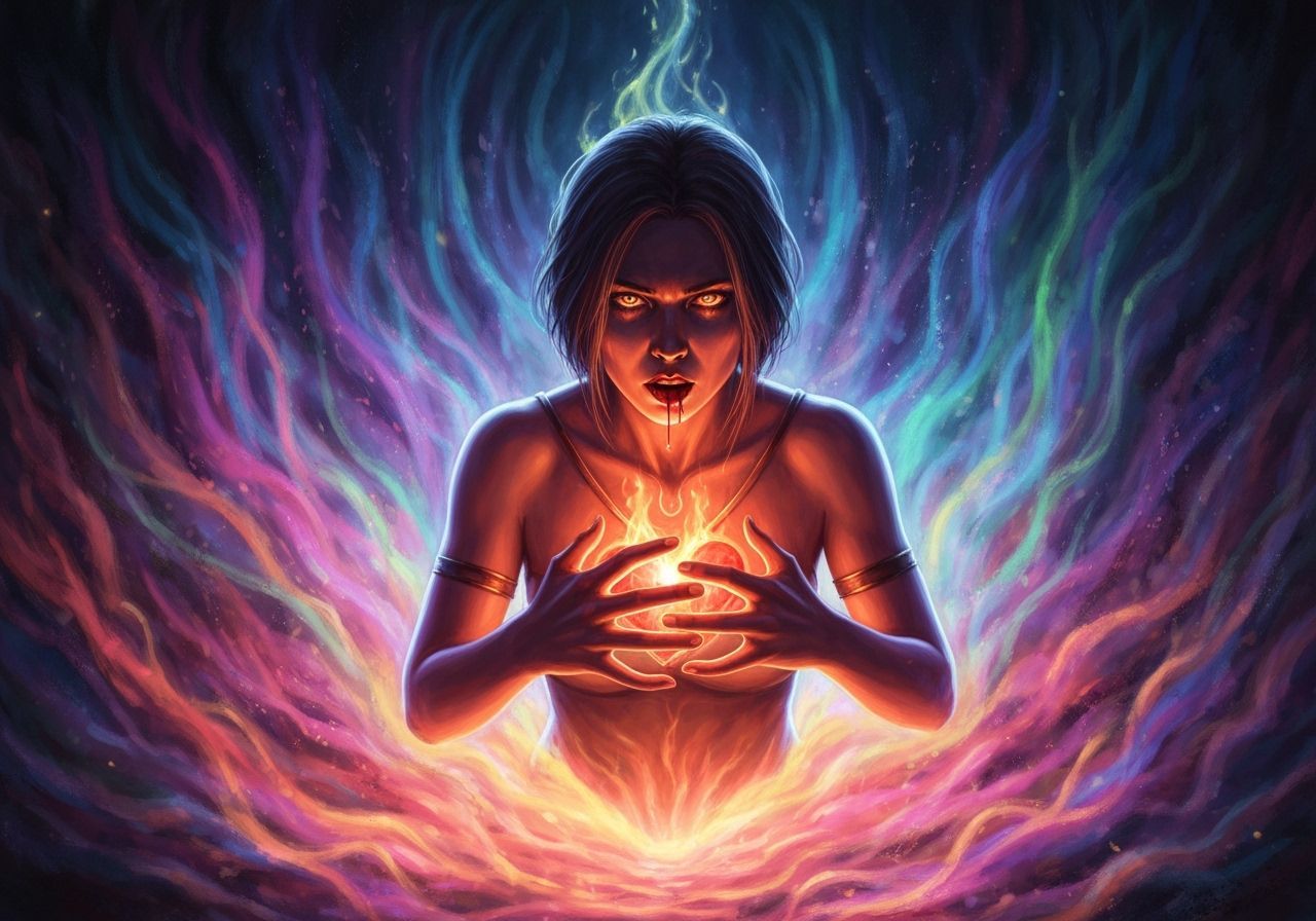 Woman's Soul Stirred by Fiery Heart in Vibrant Abyss