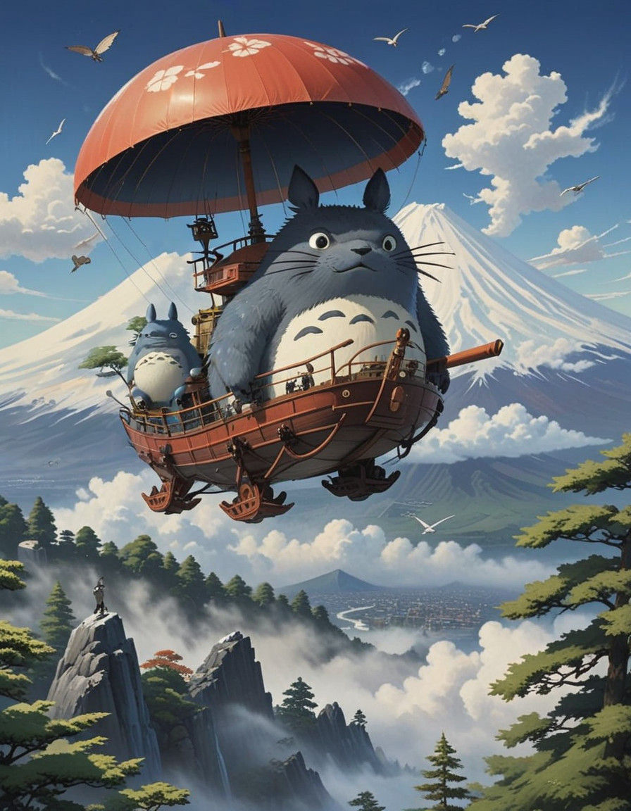 Totoro Glides Past Mount Fuji in a Majestic Airship, Inspire...