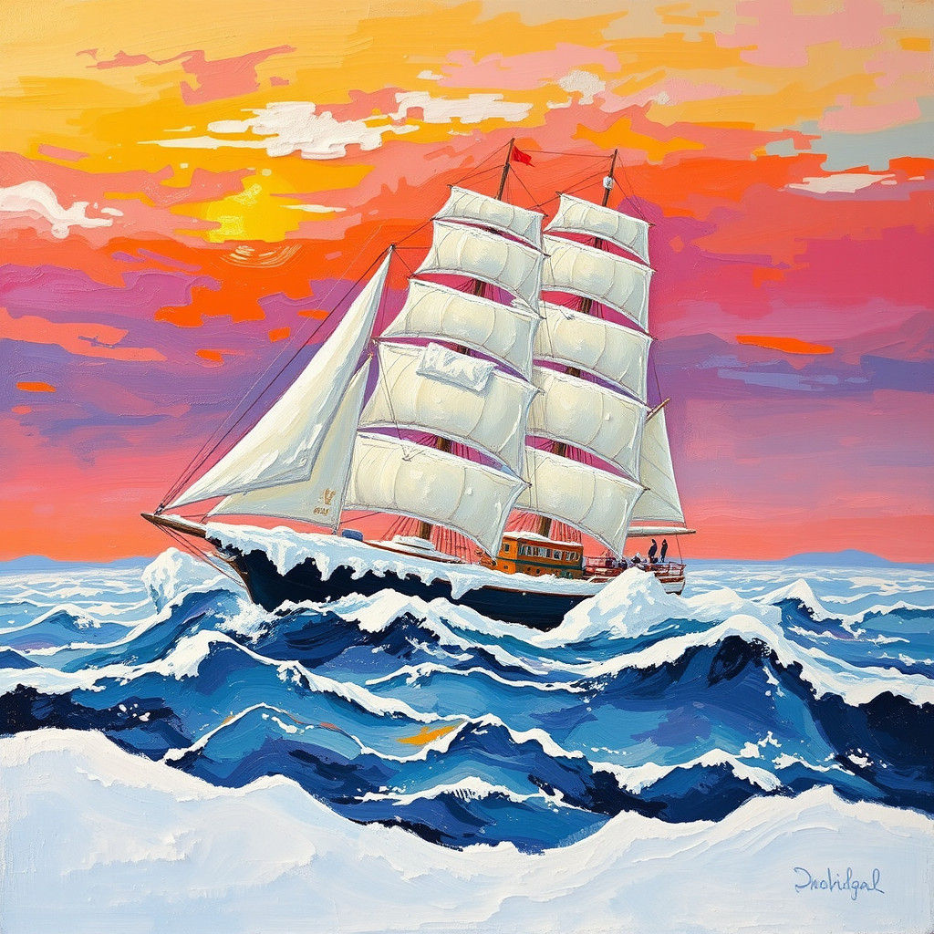 Snowy Ship at Sunset: Neo-Impressionist Painting