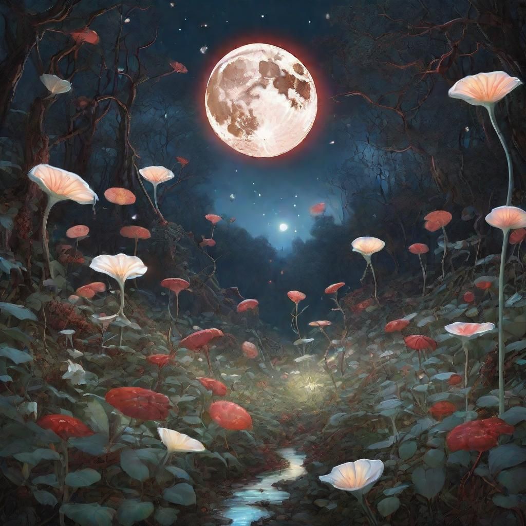 Bioluminescent Moonlit Forest: A Surreal Illustration