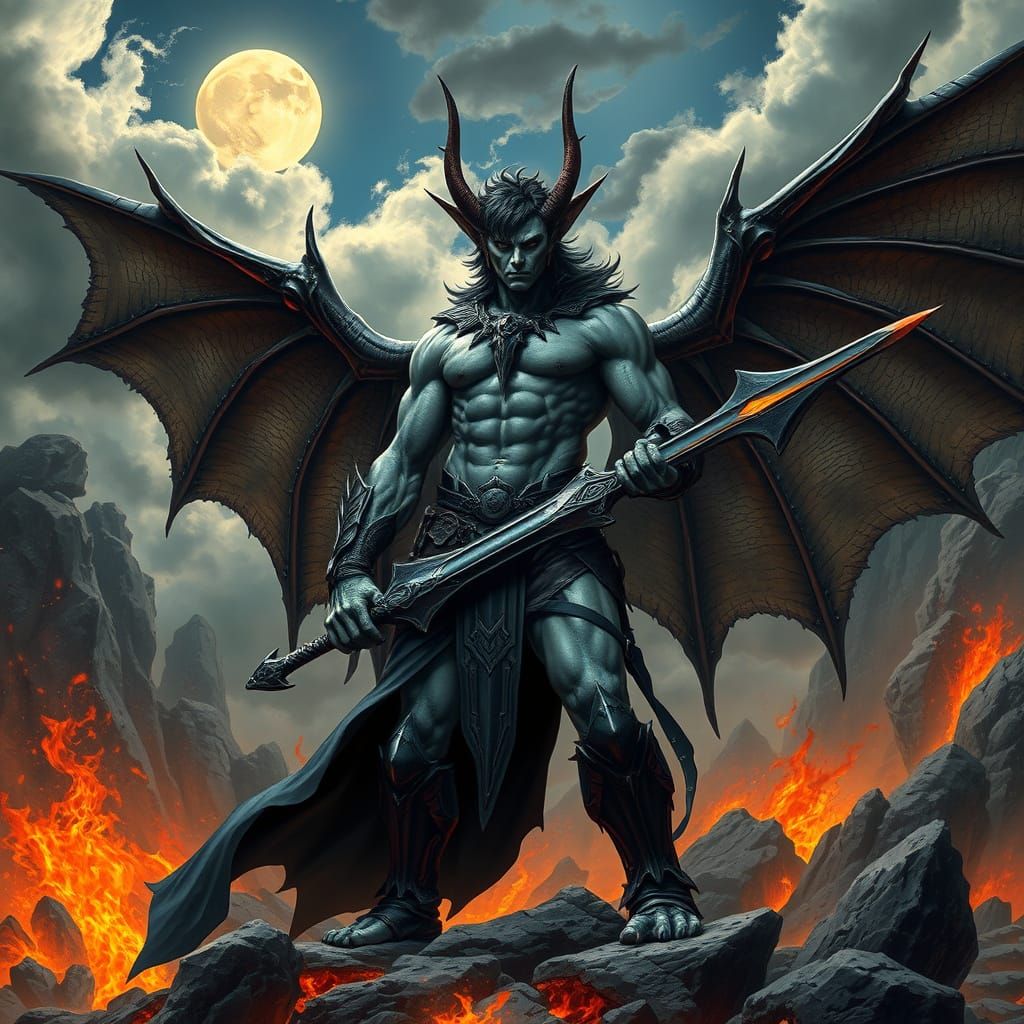 Demonic Figure in Fiery Landscape with Dark Wings and Flamin...