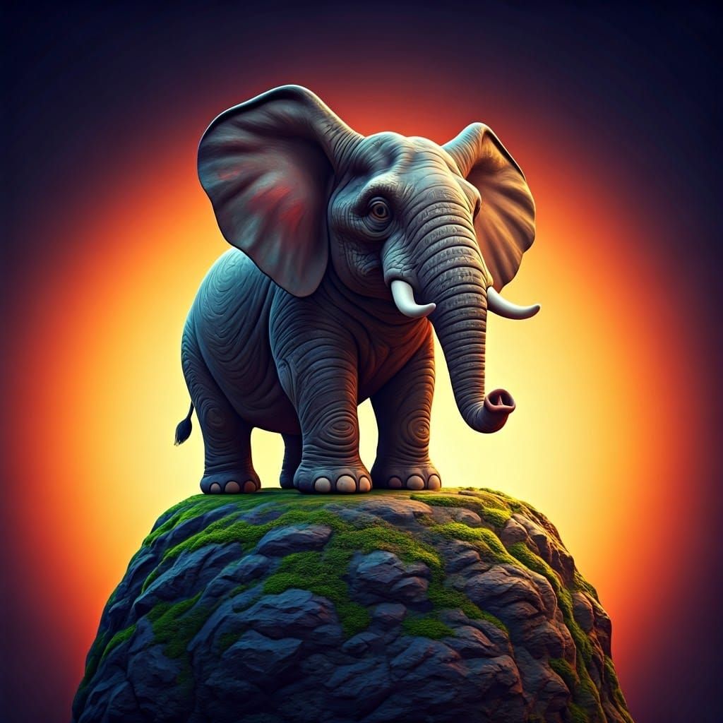 Whimsical Elephant Perched on a Mossy Rock in Vibrant Colors