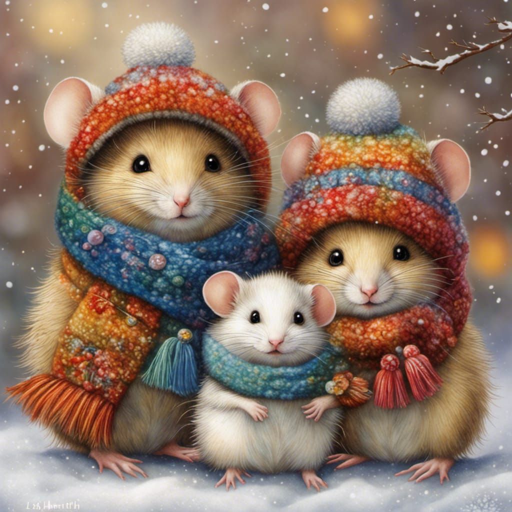 Charming Winter Mice in Snow, Fairytale Illustration