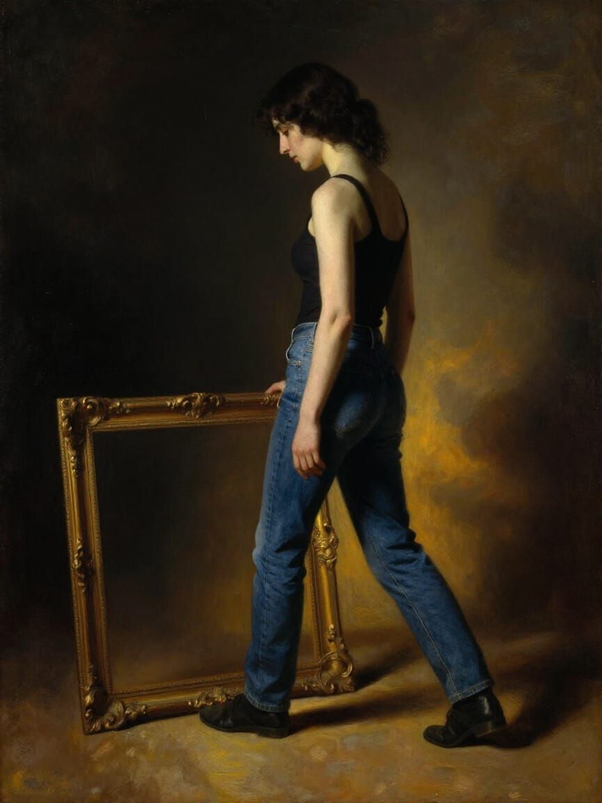 Woman Steps From Shadow to Light in Oil Painting Style