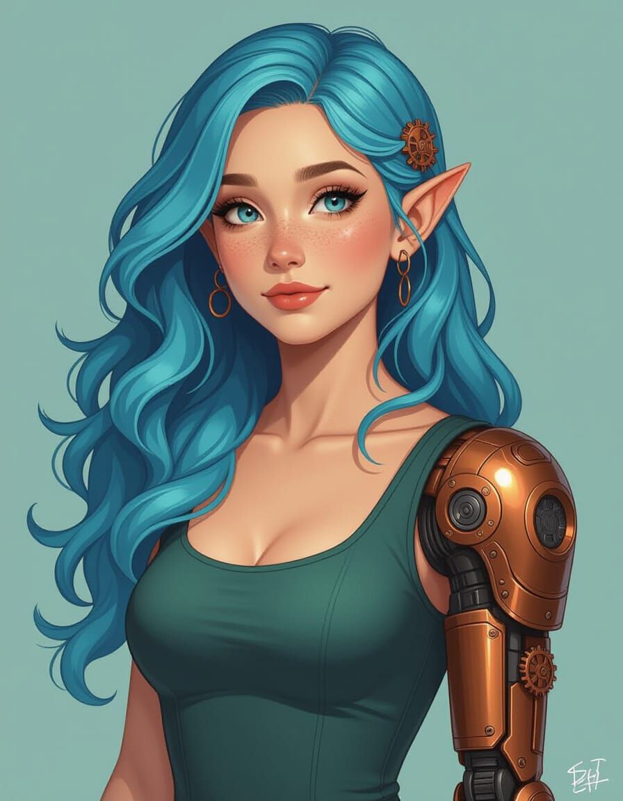 Serene Elf with Blue Hair and Steampunk Arm