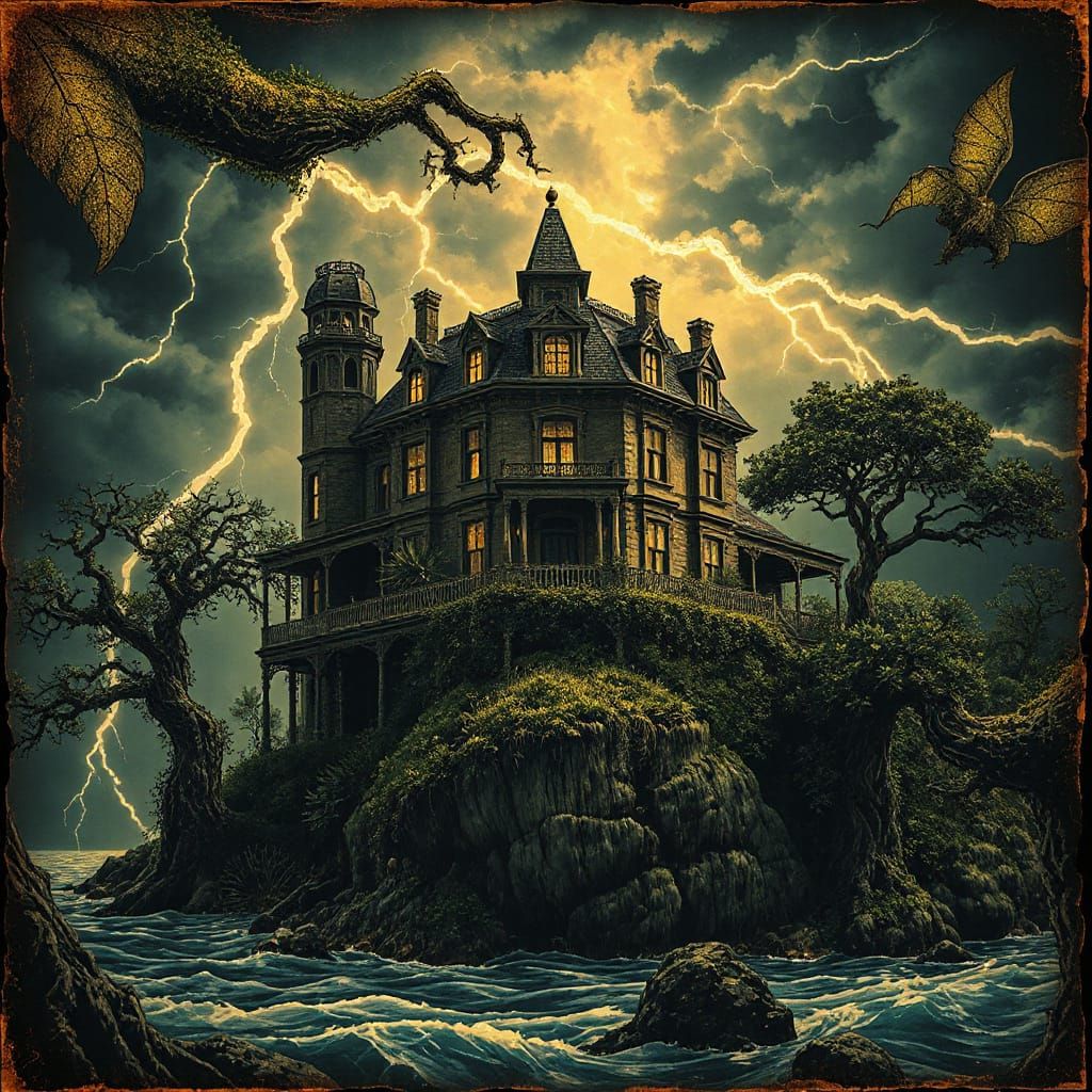 Haunted Victorian Mansion Illustration in Golden Age Style