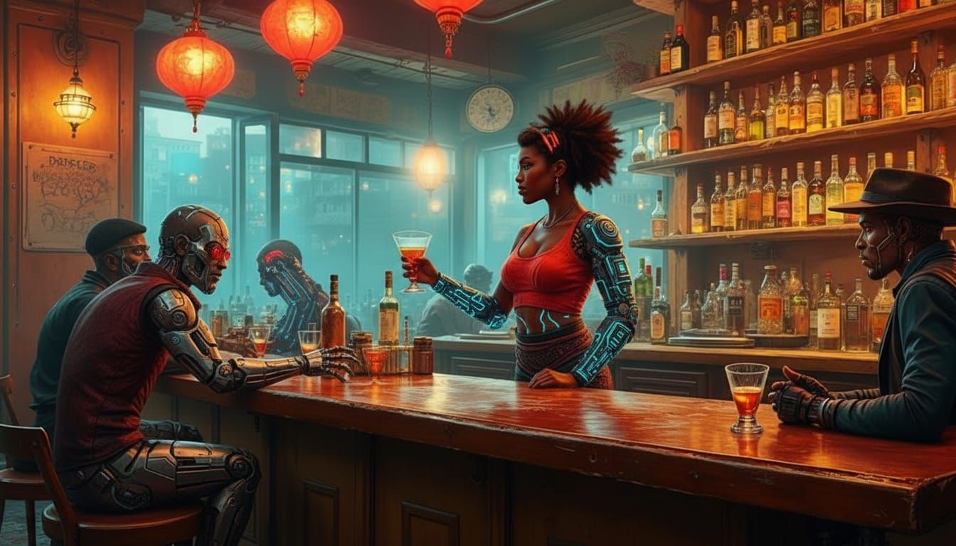Cyberpunk Barmaid Serving Mercenaries in Rembrandt Style