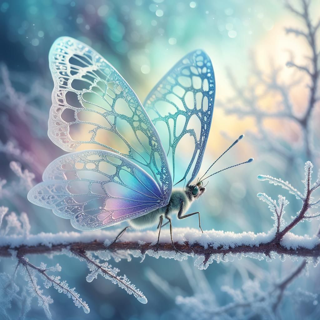 Crystalline Butterfly on Frosty Branch in Digital Art