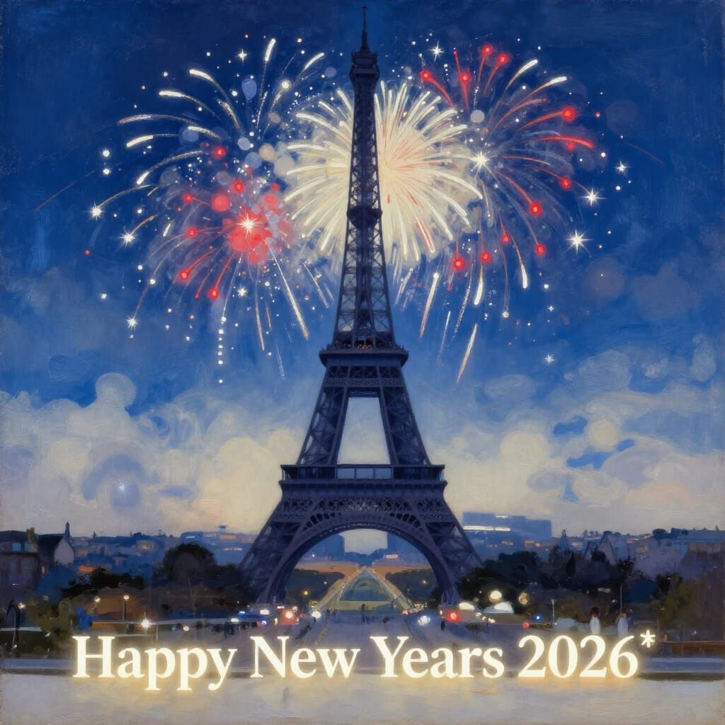 Eiffel Tower Fireworks Oil Painting for New Year 2026